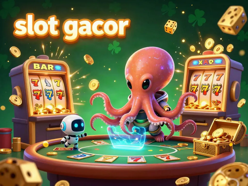Experience excitement with slot gacor, illustrated by an alien octopus at a holographic poker table amid jackpot explosions.