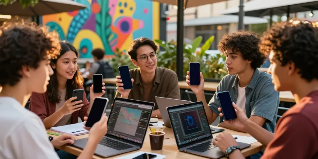 Group of young creatives collaborating using an AI TikTok captions generator in an urban café setting.