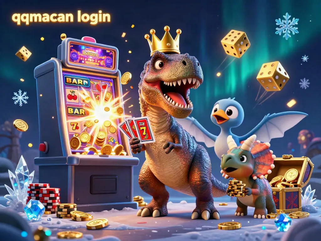 Engage with thrilling games at qqmacan login, with a T-Rex and friends amidst a vibrant casino scene.