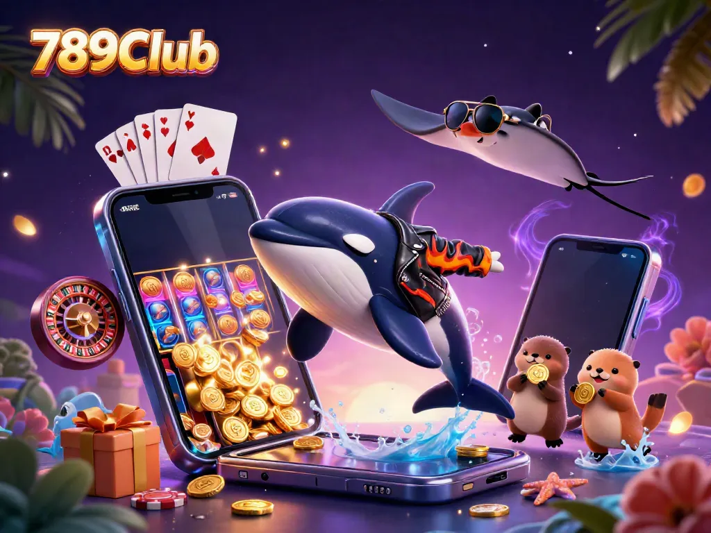 Experience epic gaming action with 789Club featuring a vibrant 3D whale, stingray, and otters around casino games.