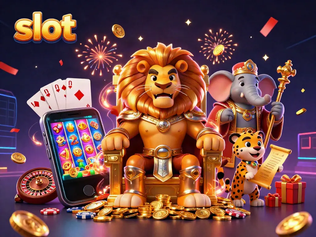 Menangkan jackpot dengan mesin slot yang berkilauan dan karakter menarik dalam ilustrasi 3D.