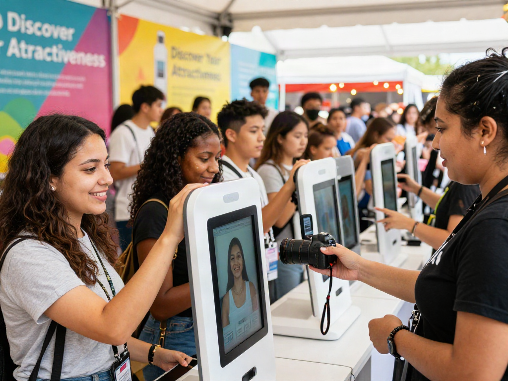 Participants enjoying an attractive test experience at a bustling fair, engaging with an AI beauty testing booth.