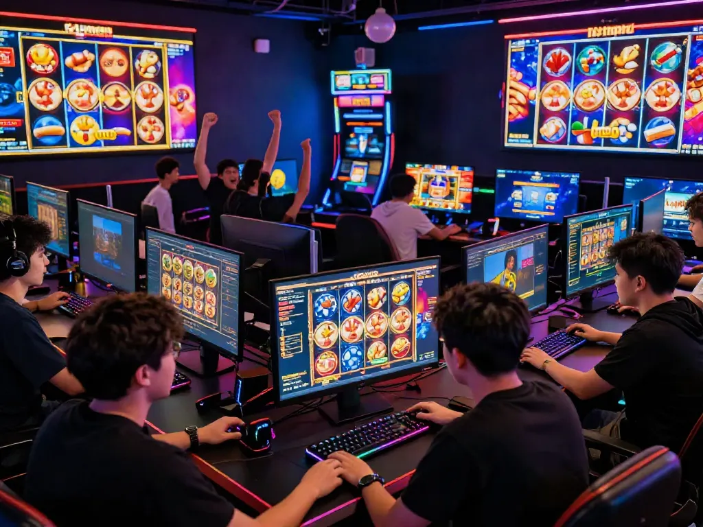 Engaged players enjoying slot online games in a vibrant virtual casino setting, showcasing excitement and immersive gaming experience.