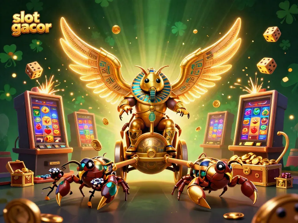 Experience the thrill of slot gacor with a vivid 3D scene capturing a jackpot burst beside golden scarabs and scorpions!