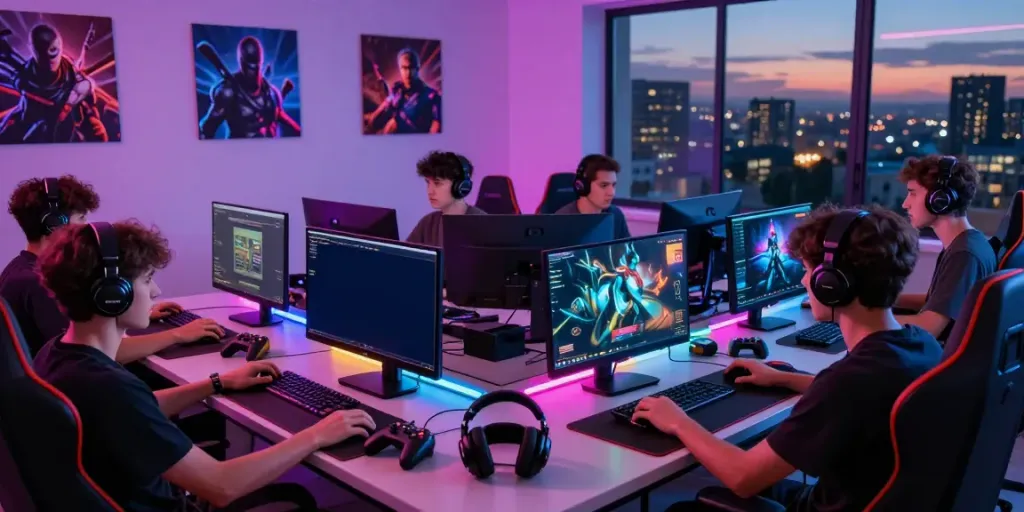 Players enjoying Singatoto login on a vibrant gaming setup with multiple screens.