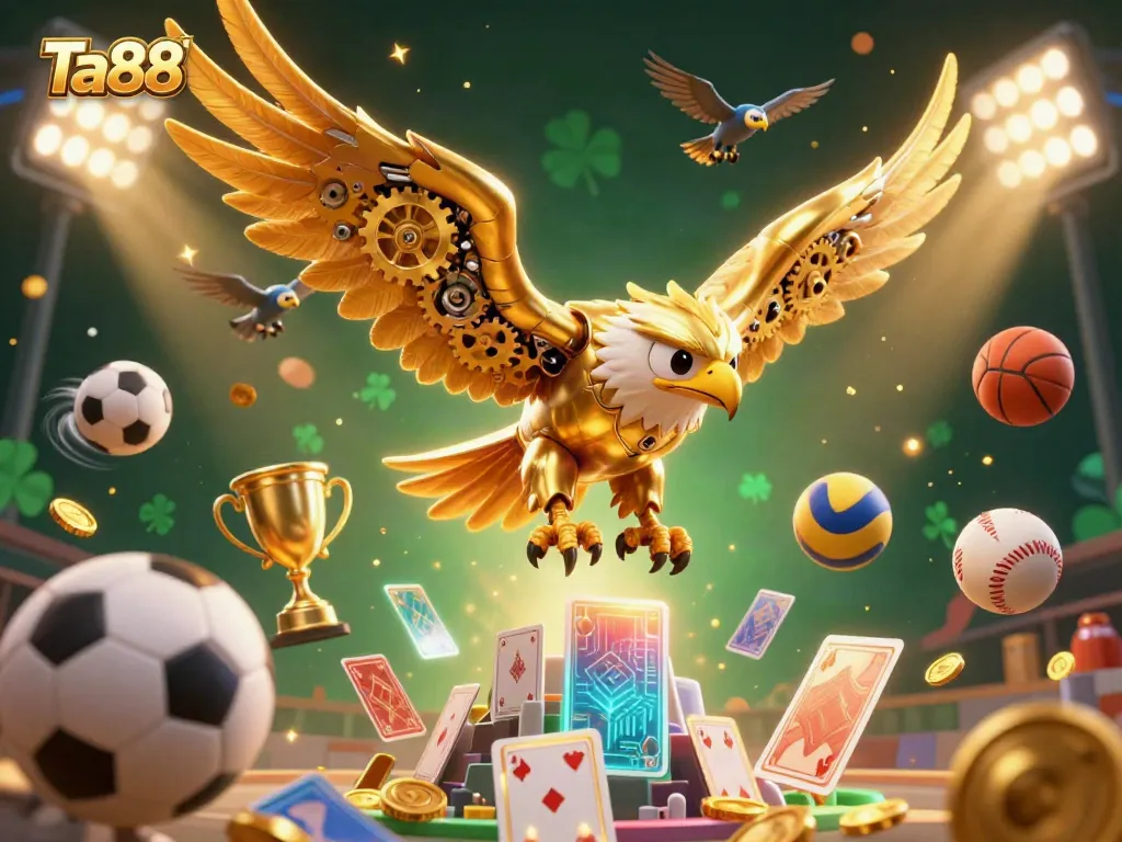 Experience the energy of Ta88 sports betting, featuring a golden eagle amidst dynamic game elements.
