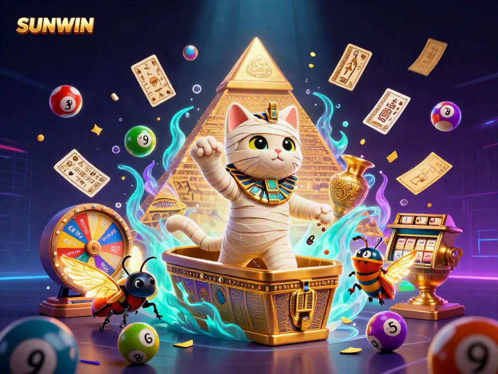 SUNWIN highlights thrilling gameplay with a 3D Egyptian mummy cat and vibrant casino elements.