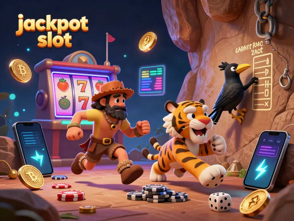 Experience the thrill of jackpot slots at a prehistoric casino with cavemen and neon-lit elements.