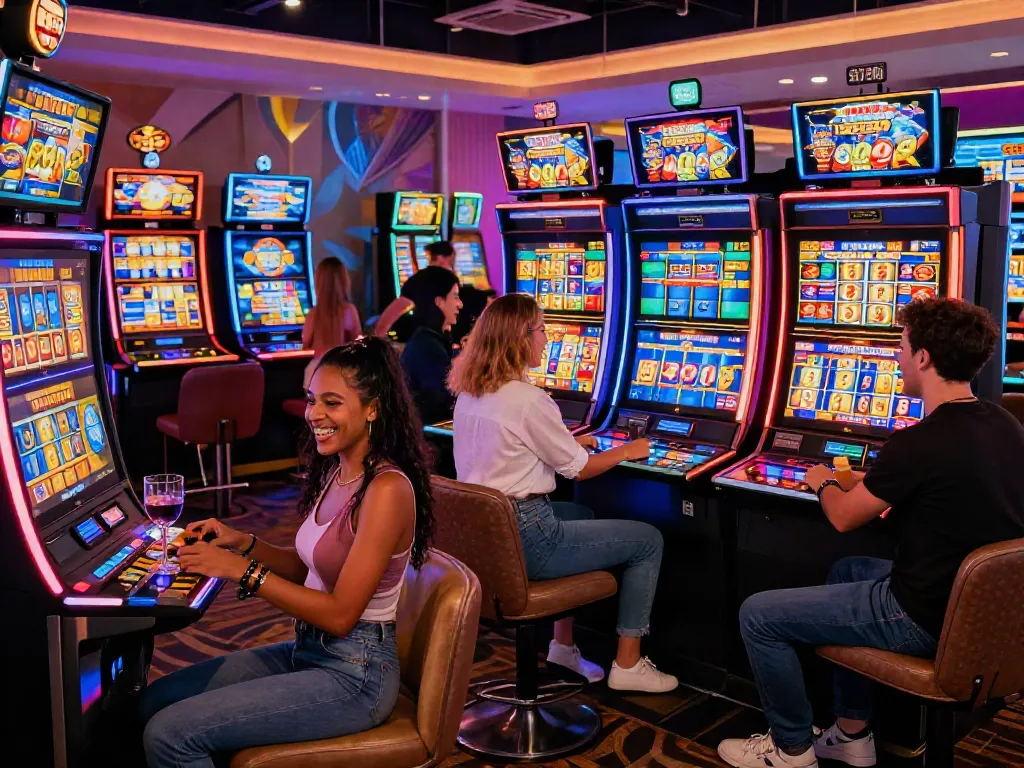 Friends enjoying slot777 online games in a lively casino atmosphere.