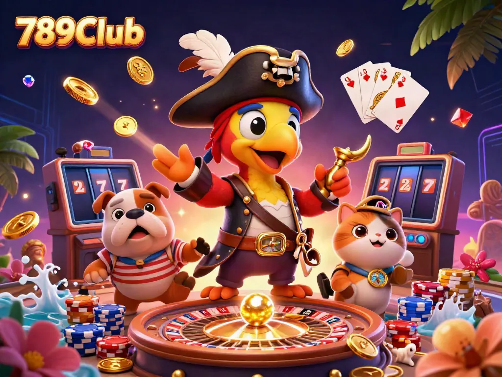 Experience the excitement of 789Club with a vibrant 3D casino scene featuring characters and gold coins.