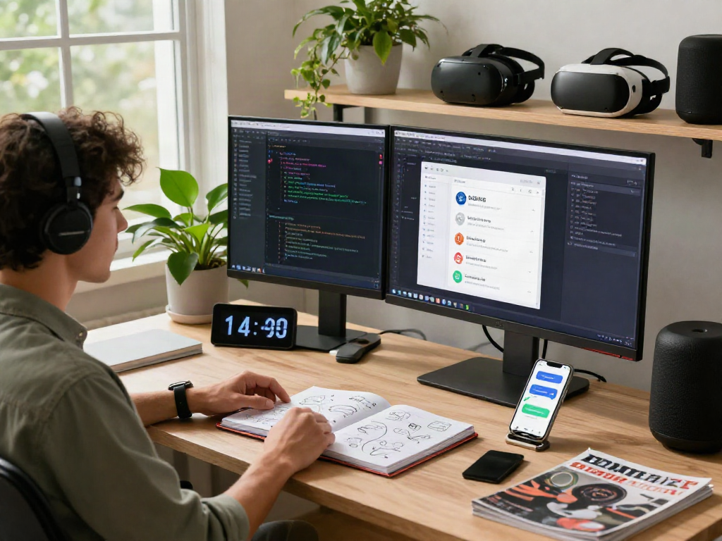 GbxWhatsApp features showcased at a tech workspace with a developer coding on multiple screens and design sketches.