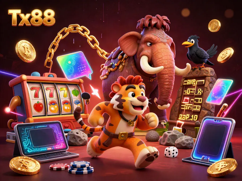 Experience thrilling wins at Tx88 in this lively prehistoric casino scene featuring vibrant slot games and dynamic characters.