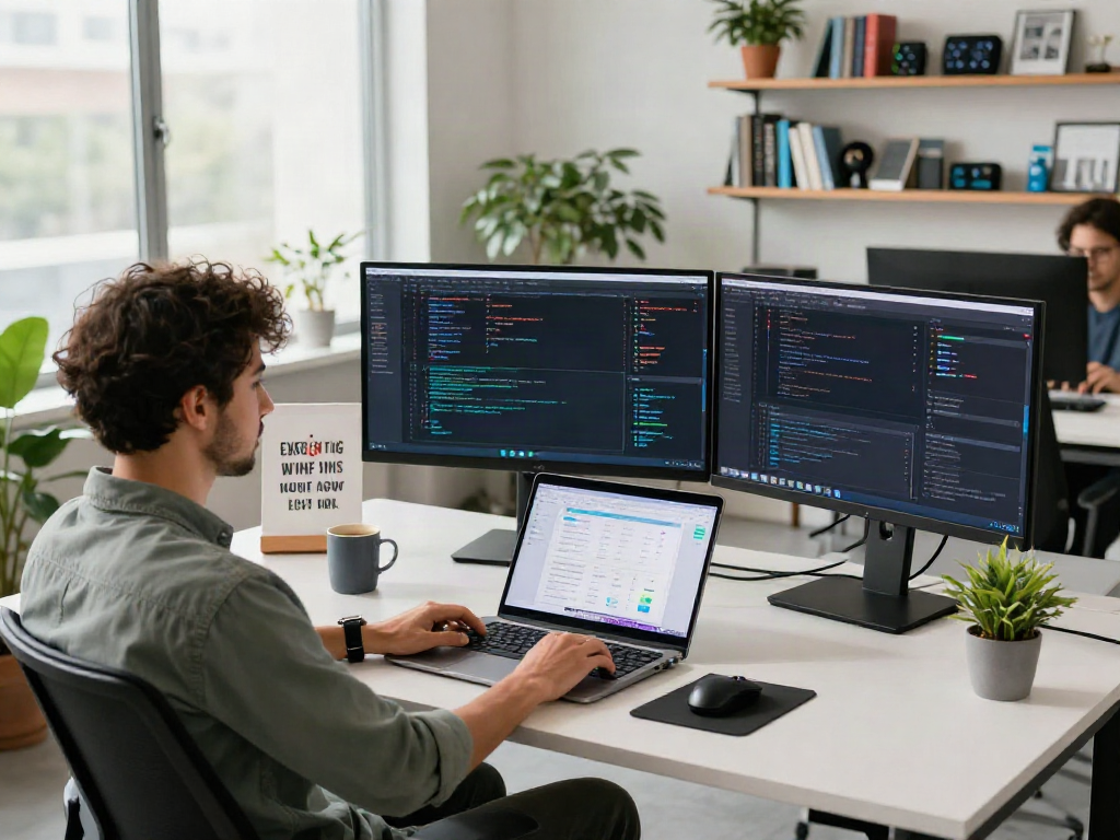 Proses pengembangan aplikasi menggunakan 快连下载 di kantor modern dengan layar monitor dan suasana kolaboratif.