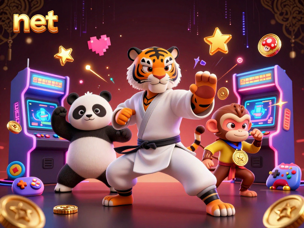 Engage with net gaming energy illustrated by a kung fu tiger, panda disciple, and monkey stealing a medal.