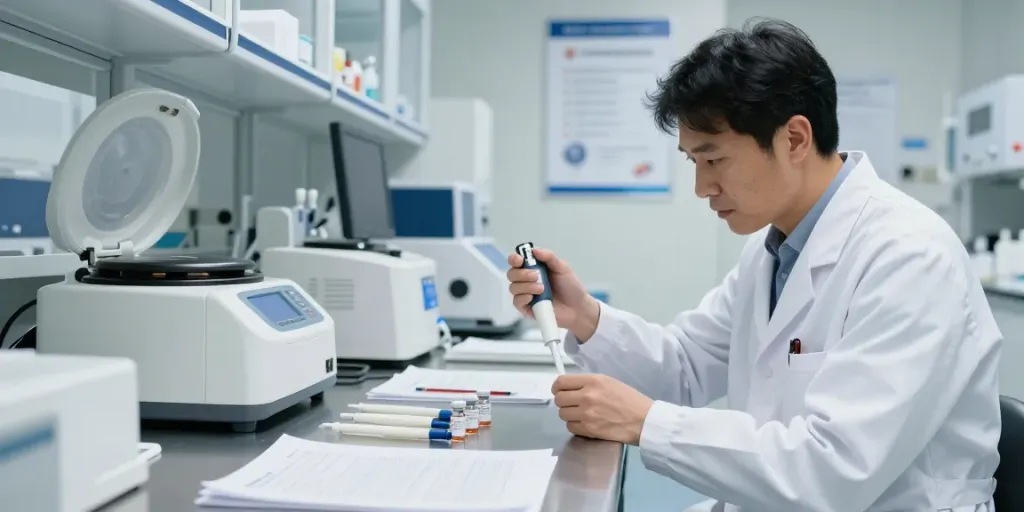 tesamorelin cost research lab with scientist preparing vials