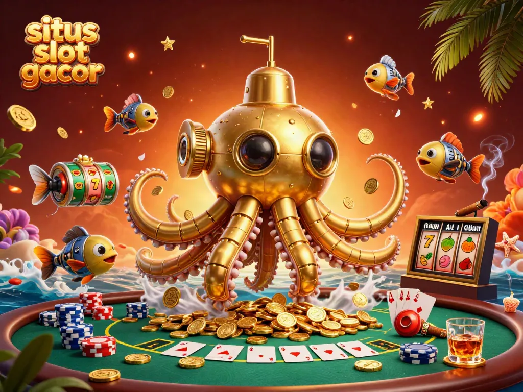Engage with exhilarating situs slot gacor experiences featuring golden kraken submarine and poker scenes.