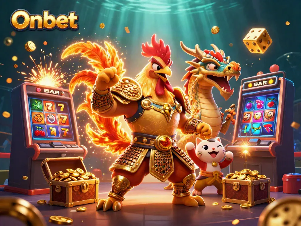Experience thrilling moments at Onbet with a powerful rooster warrior and dragon, celebrating big wins.