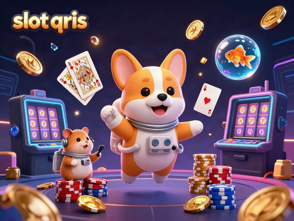 Experience slot qris action with a floating corgi, golden coins, and casino elements in a 3D illustration.