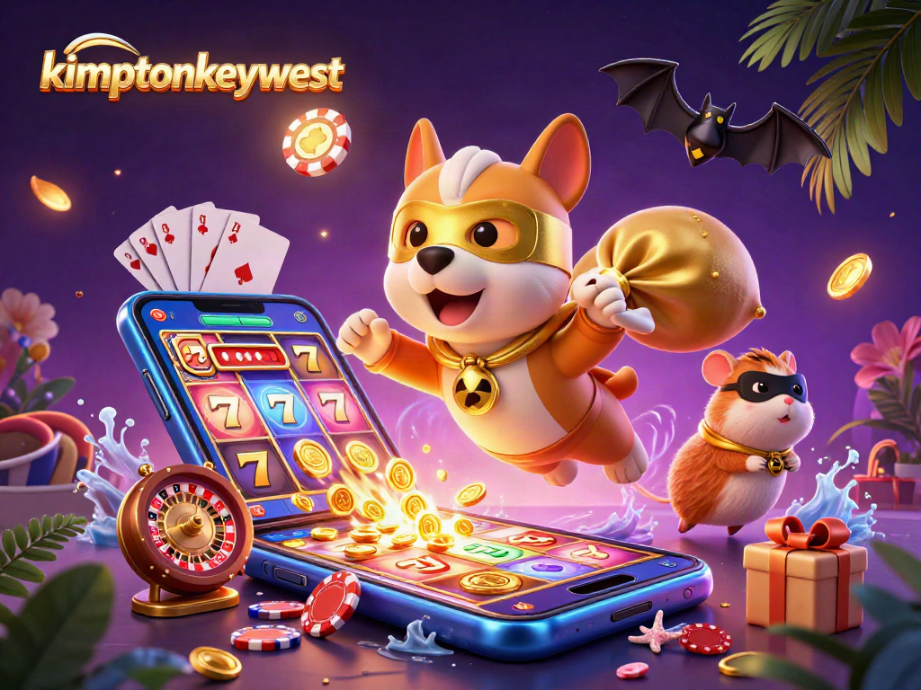 Engage with kimptonkeywest as a superhero dog soars with gold coins in a vibrant casino scene.