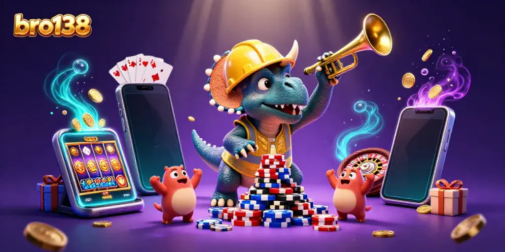 Celebrate big wins with bro138 amidst a vibrant casino scene featuring poker chips and slot games.