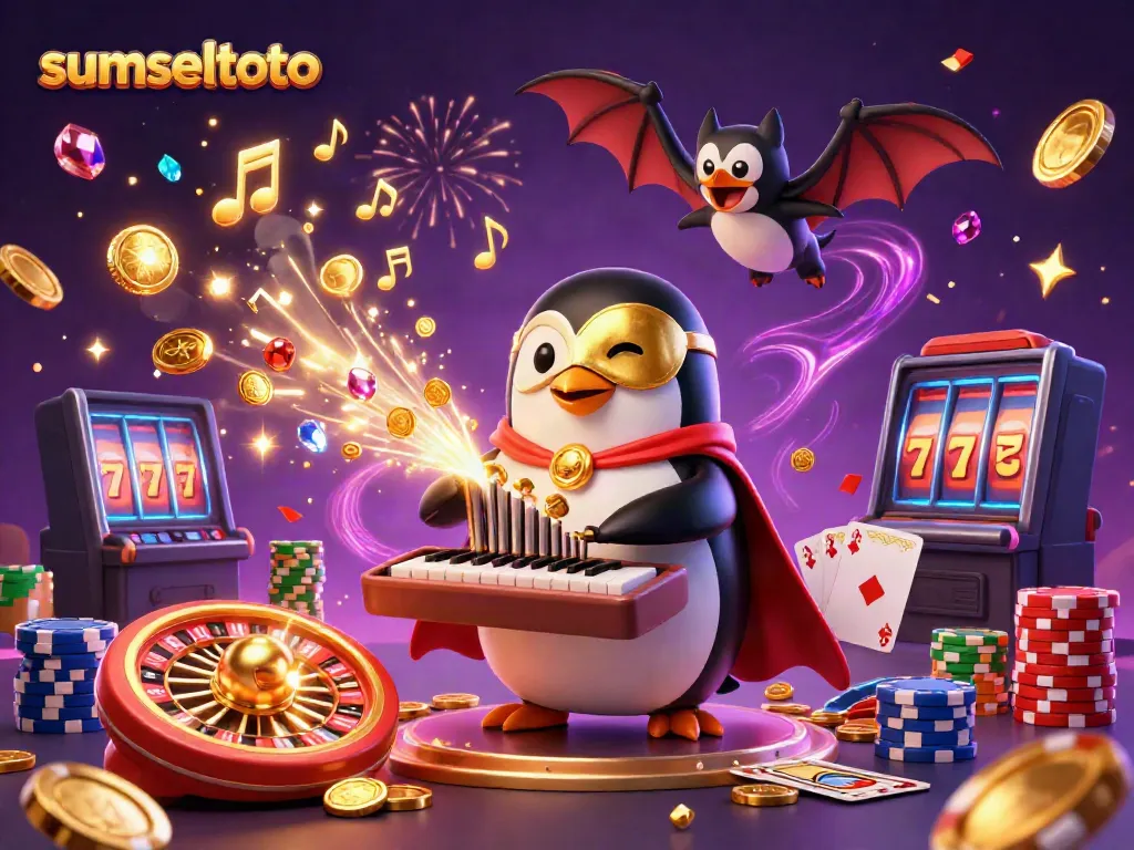 Experience the thrill of sumseltoto with a penguin organist shooting coins, celebrating in a vibrant casino scene.