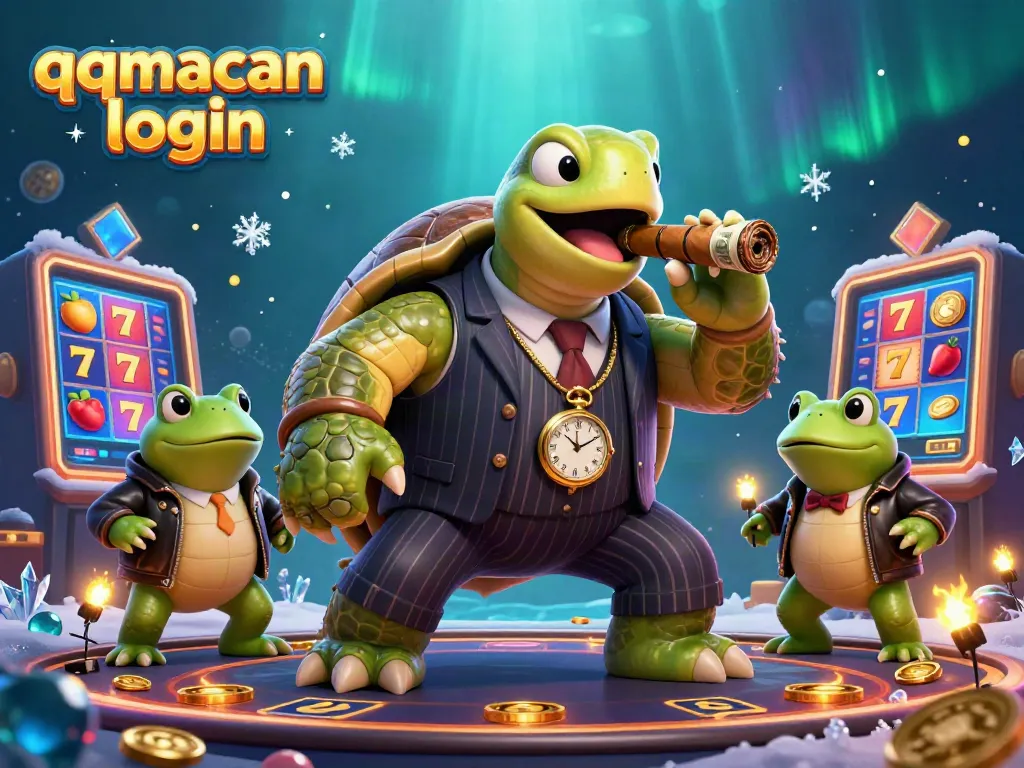 Engage with thrilling slots on qqmacan login featuring a snapping turtle in mobster attire amid vibrant casino lights.