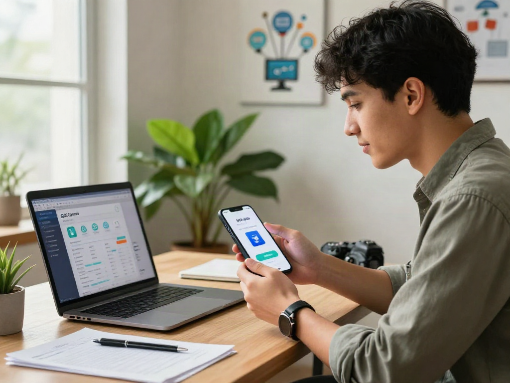 Entrepreneur using a mobile app for slot qris digital payments in a modern office.