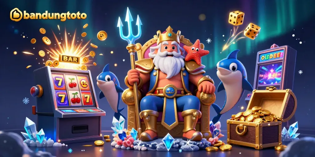 Experience the thrill of bandungtoto with Neptune and golden jackpots in a vibrant 3D illustration.