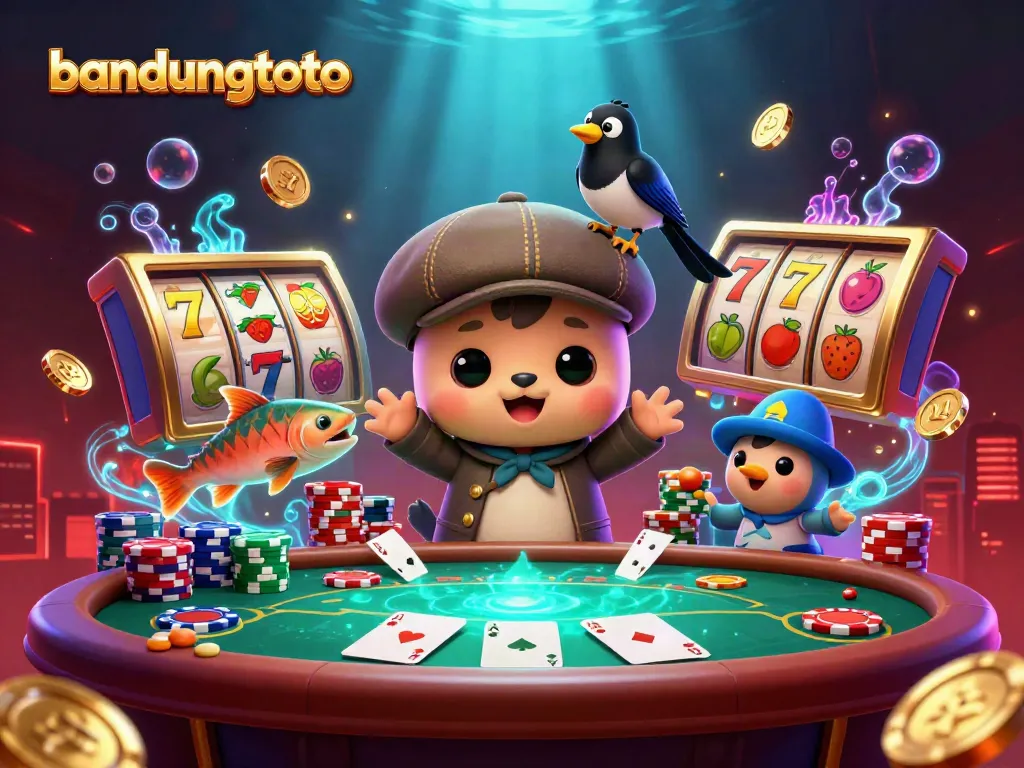 Experience the thrilling world of bandungtoto with vibrant slot reels, colorful poker chips, and cheerful characters.