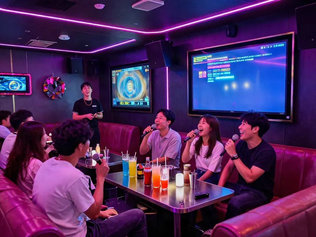 강남 달토에서 친구들과 함께 노래 부르며 즐거운 시간을 보내는 모습