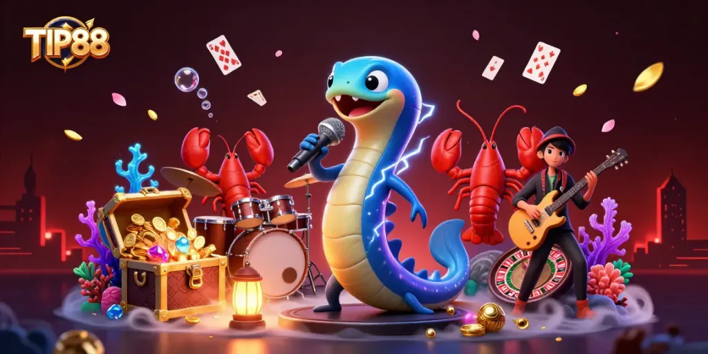Experience the thrill of TIP88 with a vibrant underwater casino scene featuring a DJ electric eel, energetic band, and floating cards.