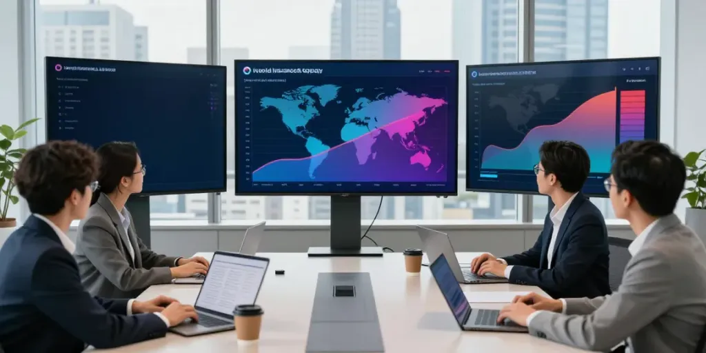 Business professionals discussing the world largest insurance company rankings in a modern meeting room.