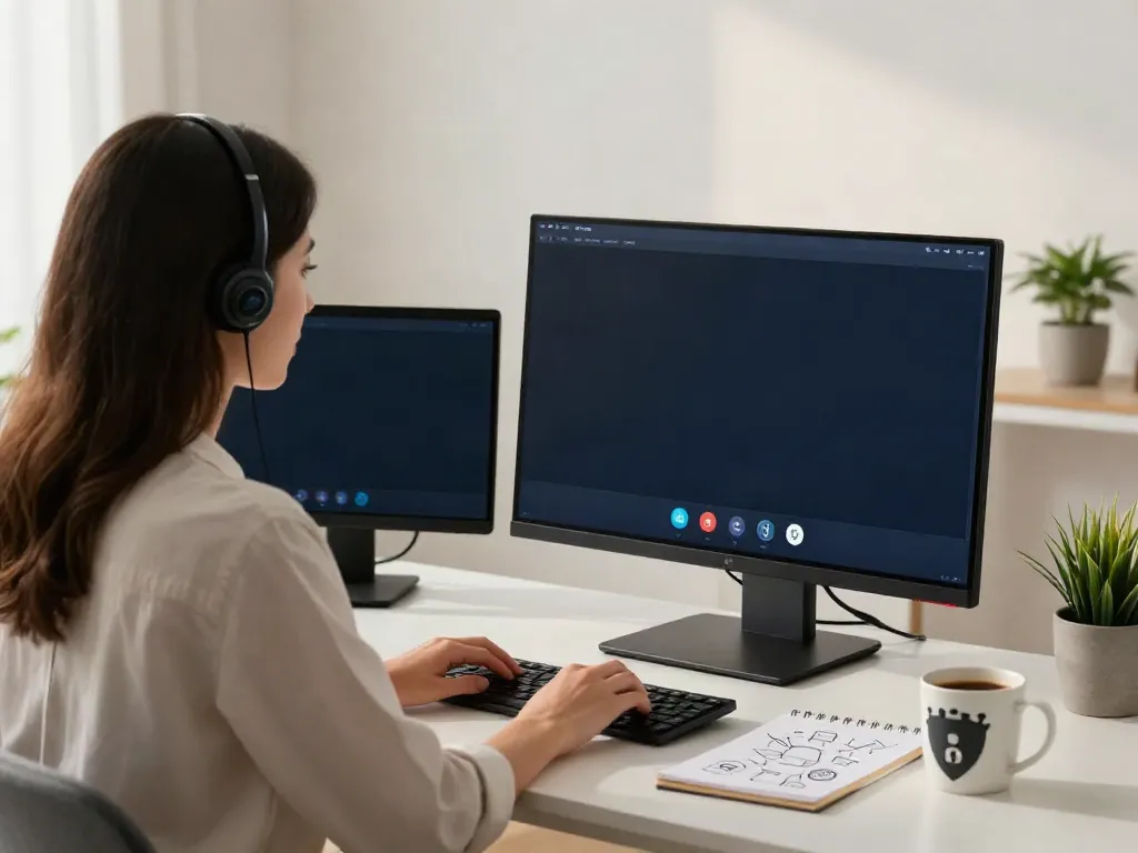 Deepfake protected Online Video Calls in a modern home office setup showcasing advanced security technology.