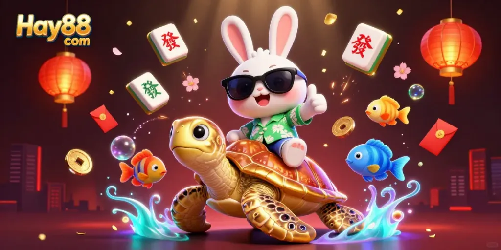 Experience excitement at Hay88 com with a vibrant illustration of a lucky rabbit celebrating casino wins.
