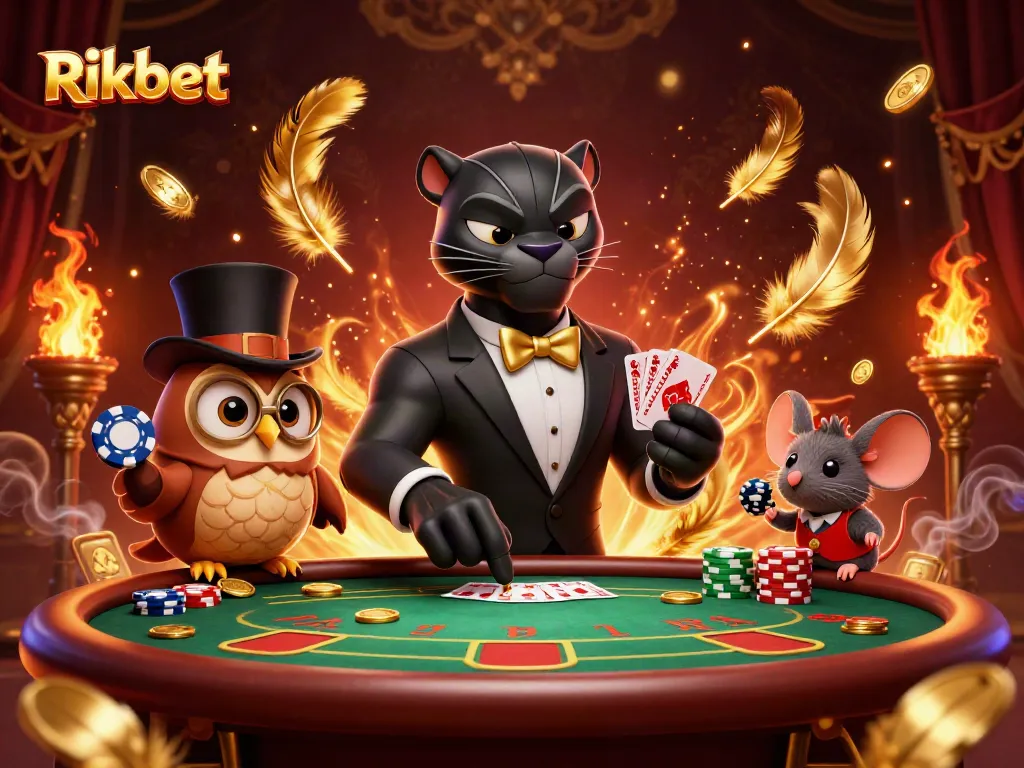 Engage in thrilling gameplay with Rikbet as a stylish panther deals cards amidst a dynamic casino scene.