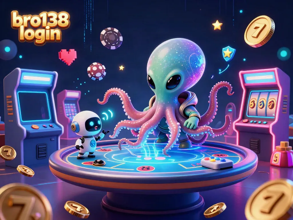 Play slots and win with bro138 login, featuring an alien octopus and arcade elements.