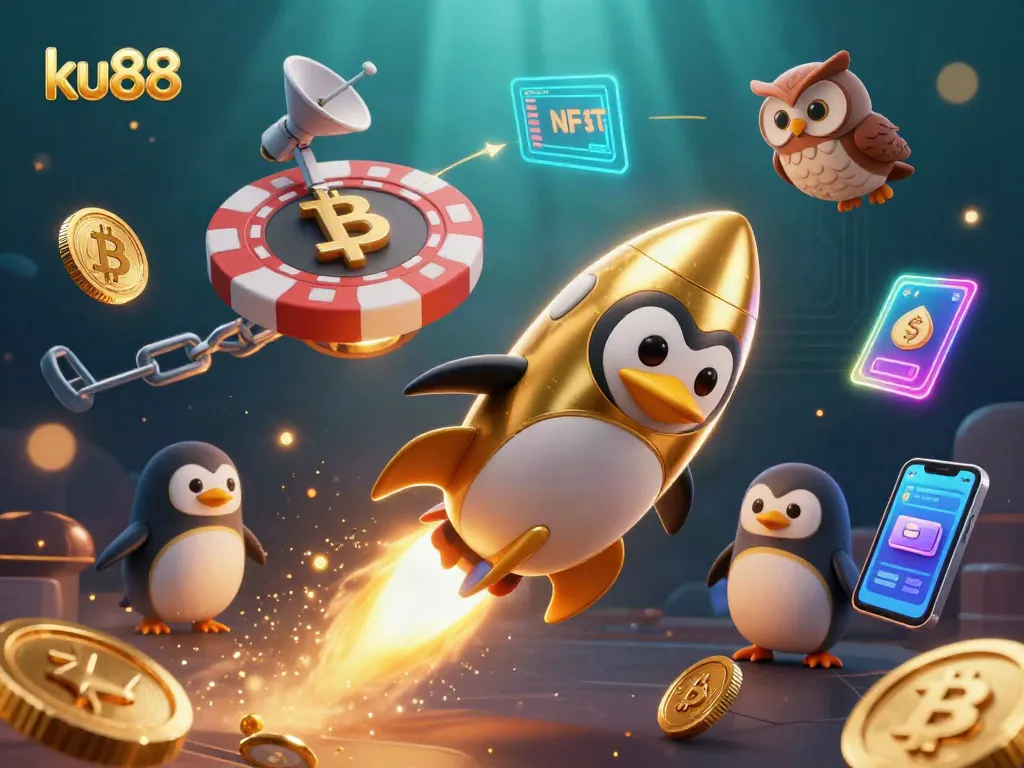 Engage with ku88's vibrant casino universe featuring a golden penguin and crypto elements.