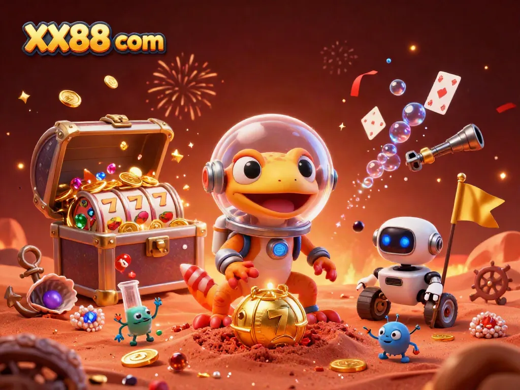 Experience excitement at XX88 com with a vibrant Martian casino discovery, featuring gold and playing cards.