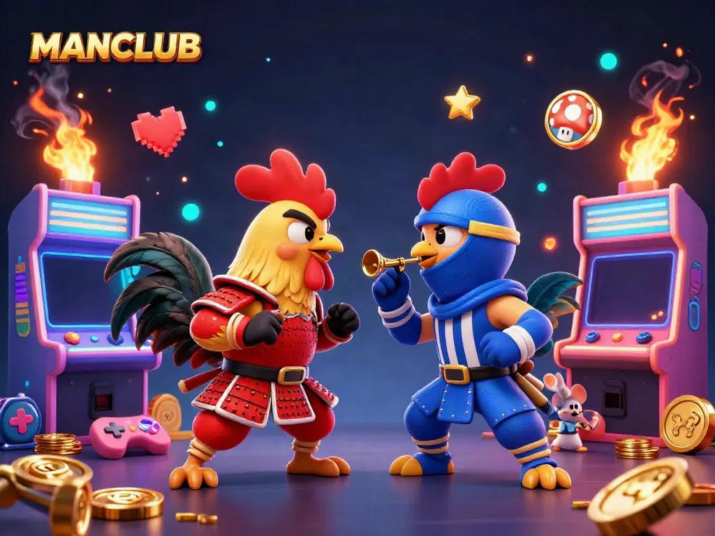 Engage in thrilling battles with MANCLUB's fighting roosters in a vibrant casino setting.