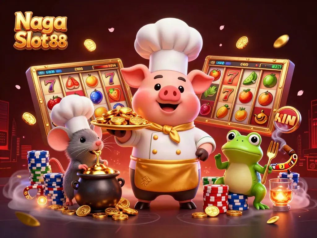 Naga Slot 88 themed illustration with a chef pig and slot machines in a vibrant casino scene.