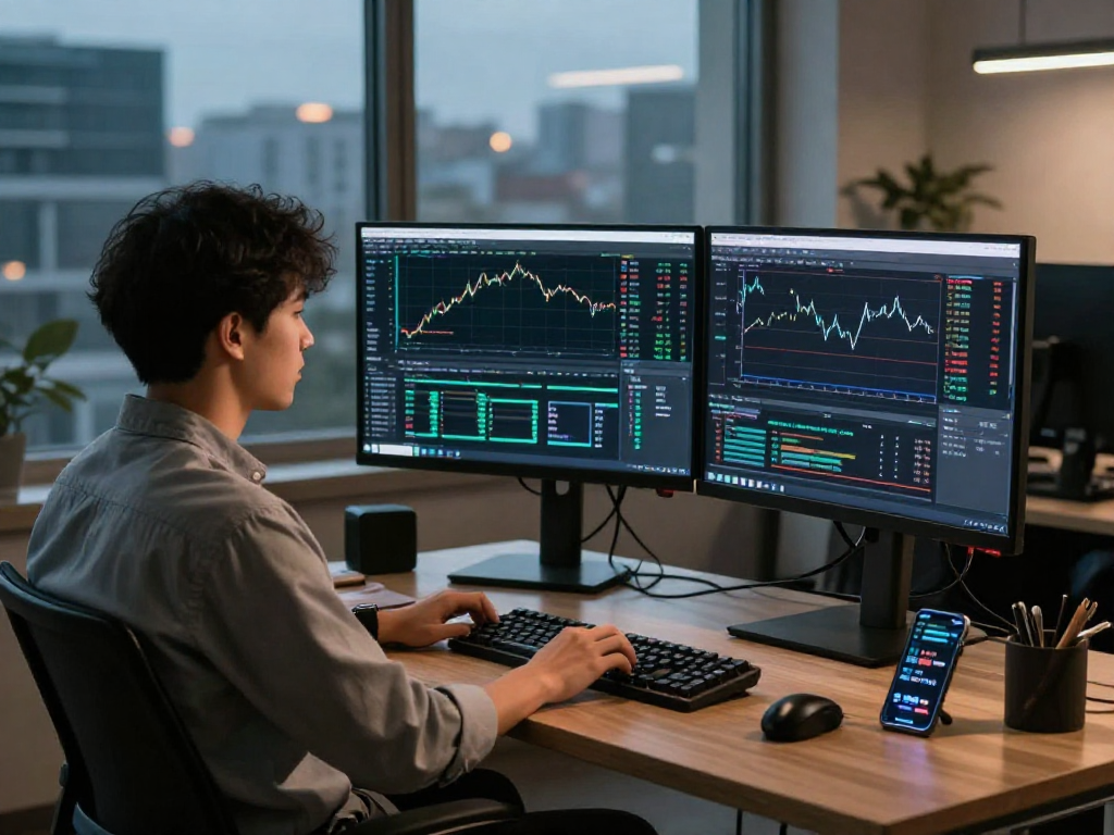 MetaTrader 5 交易平台开发环境，开发者在现代化办公桌前分析市场数据。