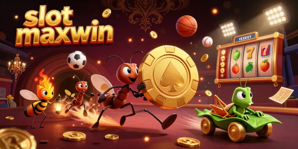 Experience the thrill of slot maxwin with ants carrying a giant poker chip in a vibrant casino heist scene.