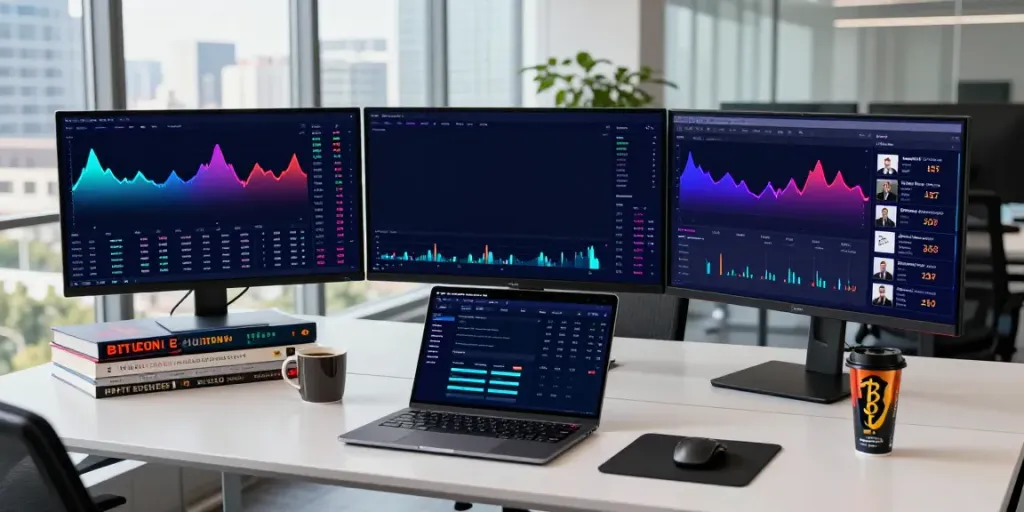 Dynamic workspace illustration showing crypto price API usage with live market data, trading charts, and blockchain analysis.