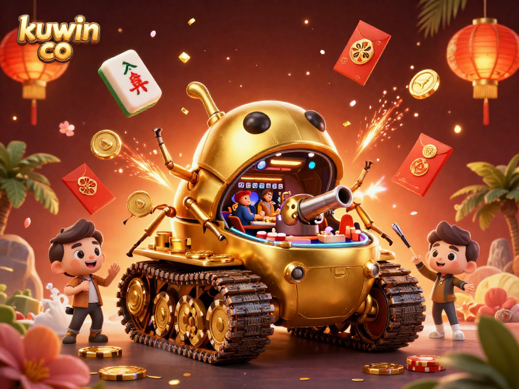 Engage with kuwin co's vibrant 3D casino world featuring a gold beetle tank and dynamic game elements.