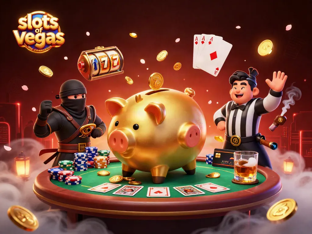 Experience the slots of vegas no deposit bonus with a vibrant casino scene featuring a sumo wrestler piggy bank.