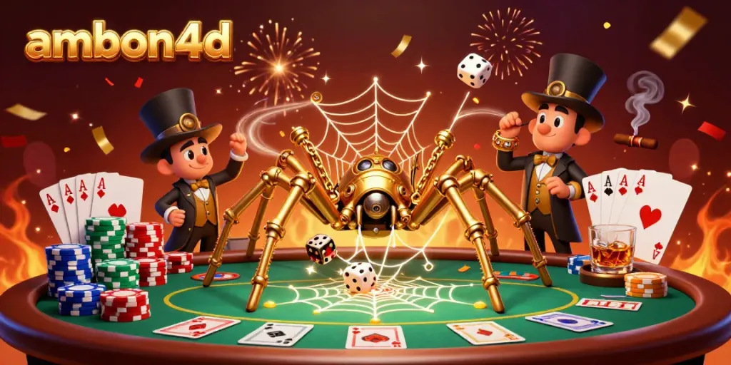 Catch the excitement with ambon4d's striking 3D casino scene featuring steampunk elements and poker chips.