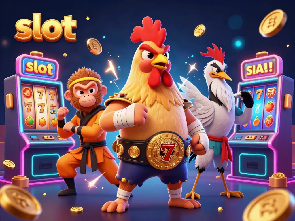 Experience thrilling slot action with vibrant characters and colorful spinning reels in this exciting illustration.