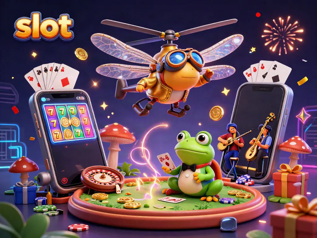 Engaging scene featuring slot elements with a dragonfly pilot and frog croupier in a vibrant casino