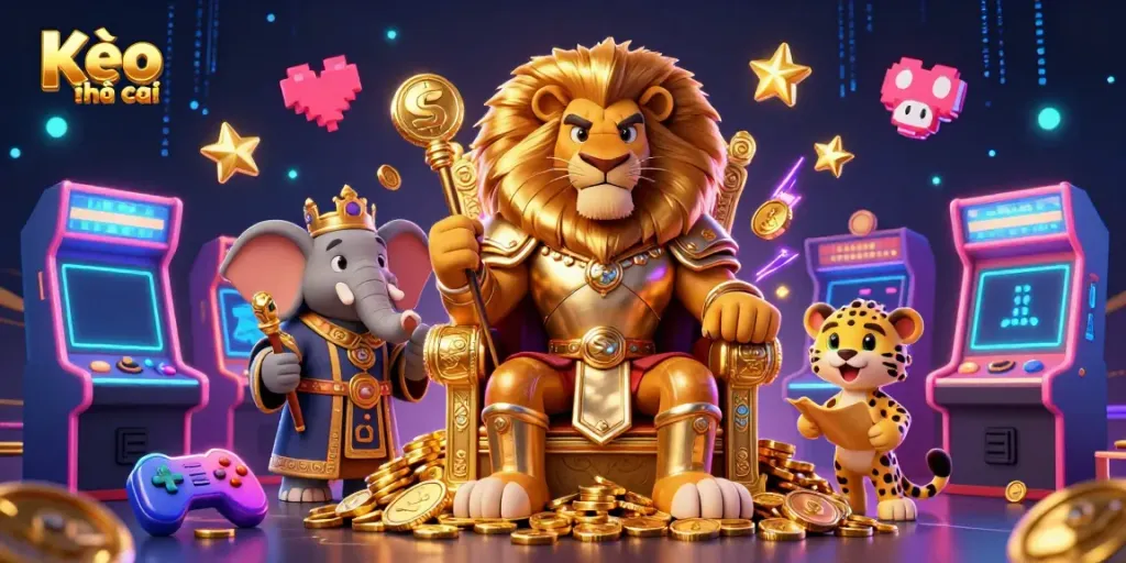Experience Kèo nhà cái with a vivid 3D scene showcasing a lion king, elephant advisor, and cheetah messenger amidst colorful gaming elements.