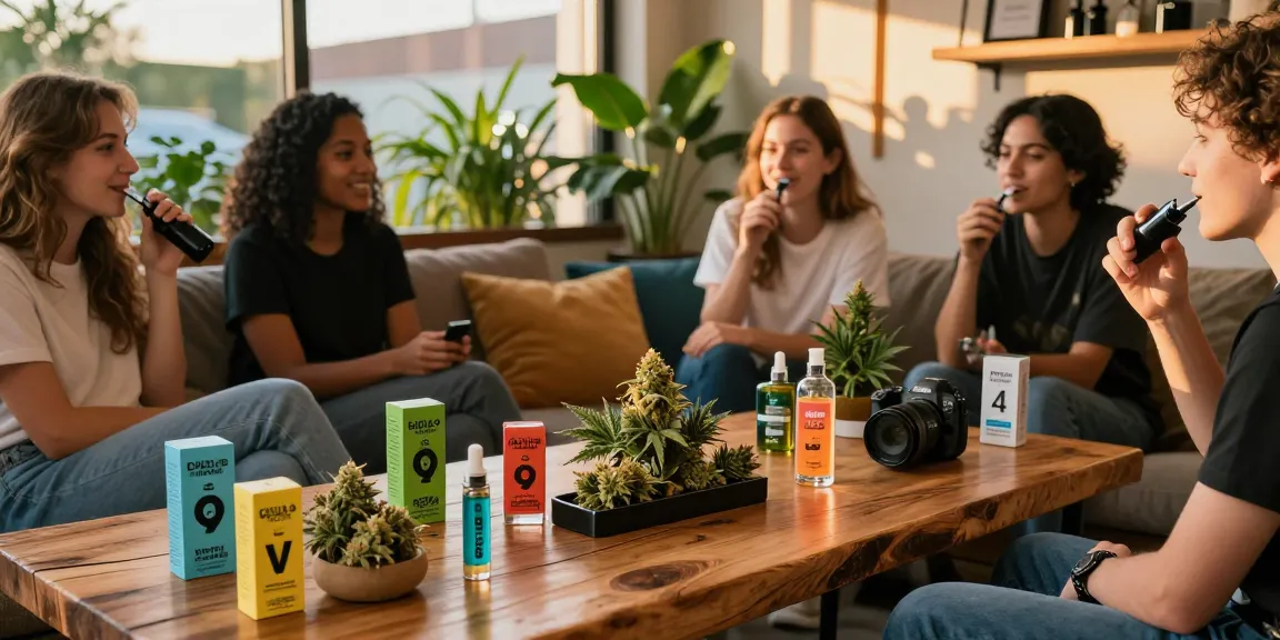 CBD vs THC comparison in a vibrant cannabis lounge scene with friends enjoying premium products and relaxed atmosphere.